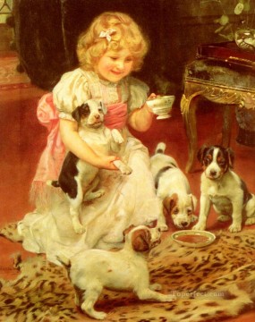 Tea Time idyllique enfants Arthur John Elsley enfants animaux Peinture à l'huile